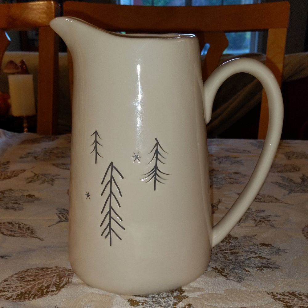 Christmas Pottery Pitcher Cream Embossed Trees Stars Nature Vase Holidays